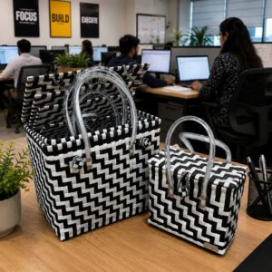 New Attached Lid Basket - Black white (Checker)